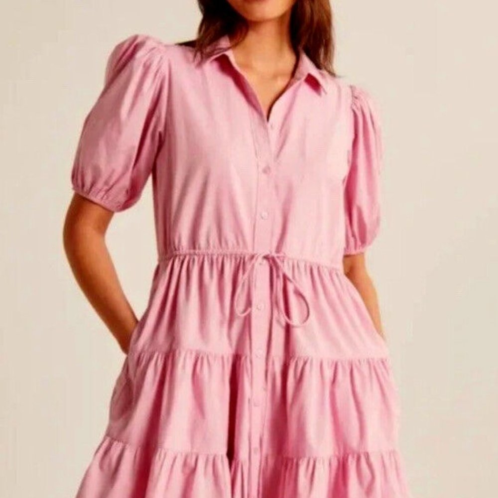 Abercrombie & Fitch Pink Puff Sleeve Poplin Shirt Dress w Pockets Small Petite